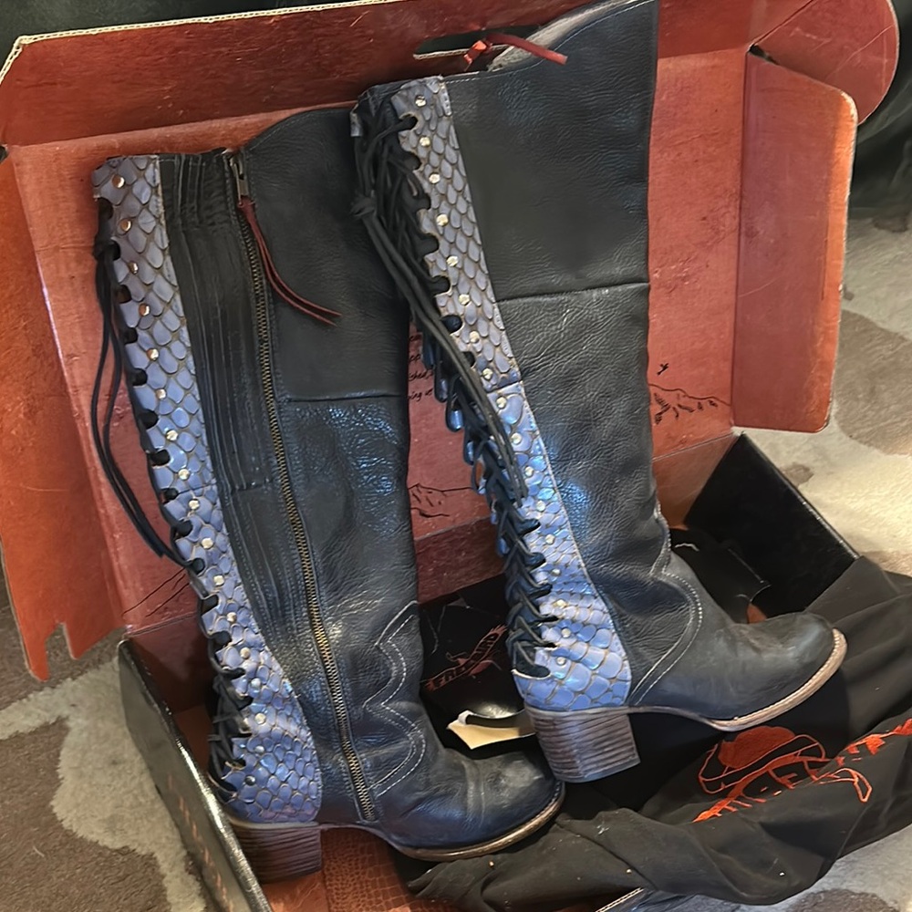 Freebird Catrina Boots - Navy Multi Over the Knee ALL LEATHER